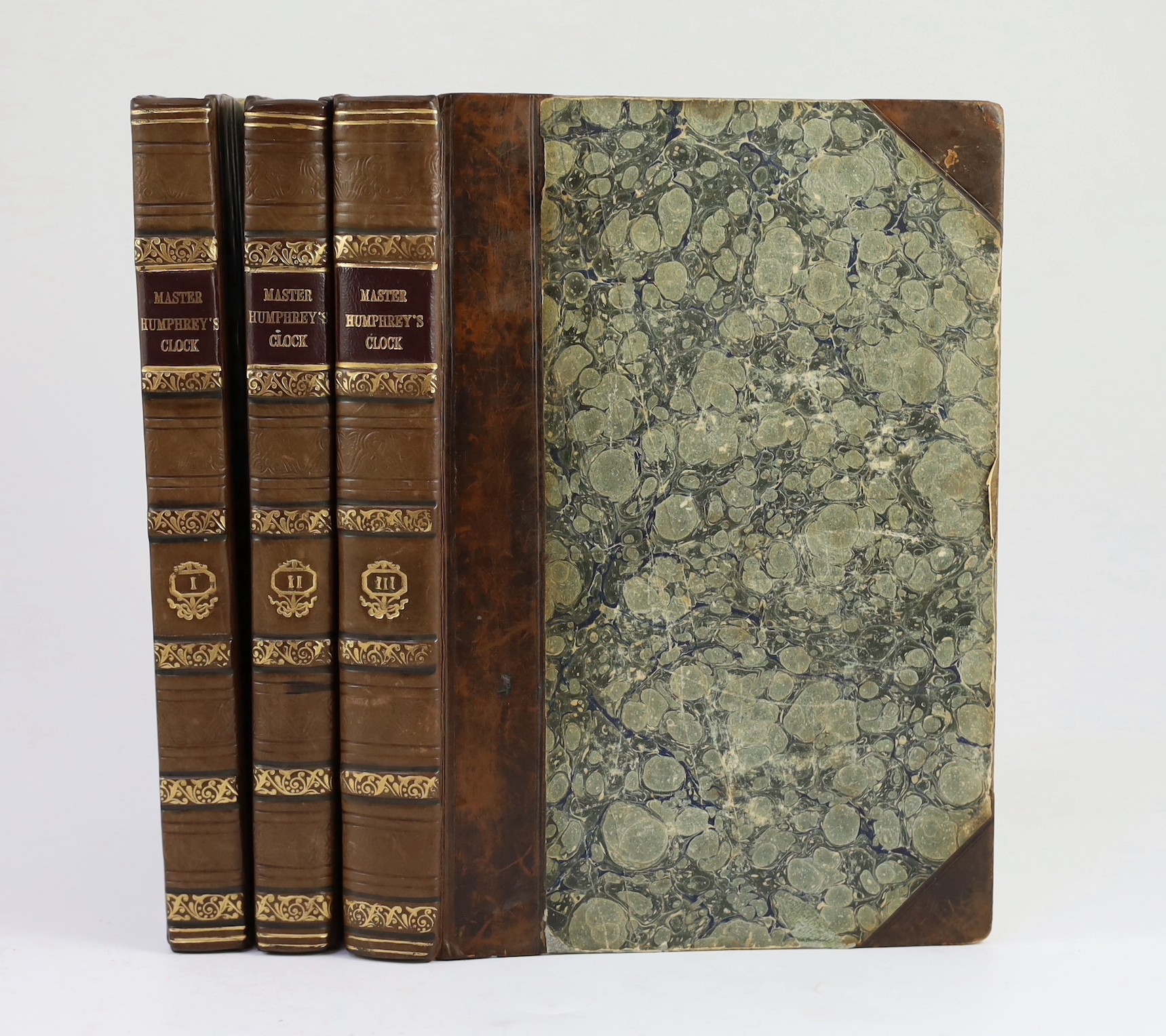 Dickens, Charles - Master Humphrey’s Clock, 1st edition in book form, 3 vols, 8vo, later quarter calf with marbled boards, renewed end papers, illustrated by George Cattermole and Halbot K. Browne (‘’Phiz’’), front page